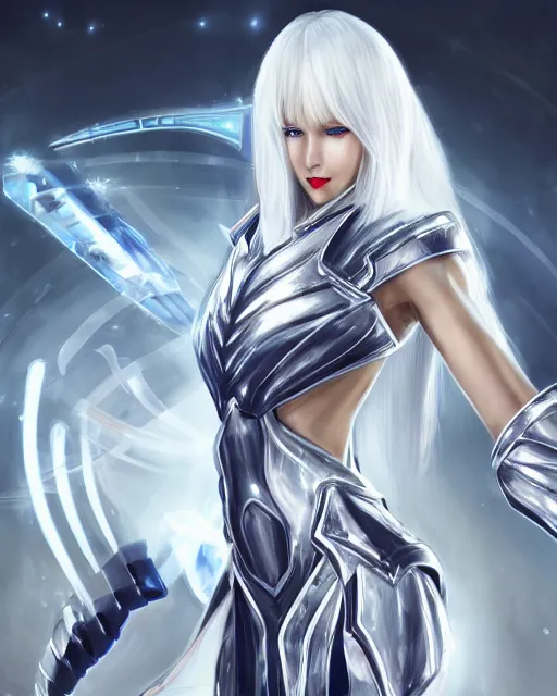 Image similar to perfect white haired attractive egyptian goddess, warframe armor, beautiful, symmetric, dreamy, half asian, pretty face, blue eyes, taylor swift, detailed, scifi platform, laboratory, experiment, 4 k, ultra realistic, epic lighting, android body, illuminated, cinematic, masterpiece, art by akihito tsukushi, voidstar