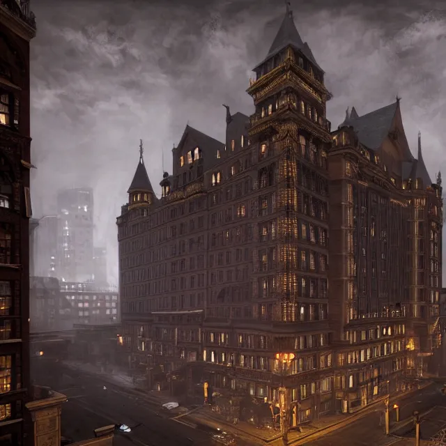 Prompt: action scene painting of a 1 9 2 0 s gothic style hotel in downtown boston, overlooking a dark street, architectural, atmospheric lighting, brooding, painted, intricate, ultra detailed, well composed, best on artstation, cgsociety, epic, stunning, gorgeous, intricate detail, much wow, masterpiece, cinematic aesthetic octane render, 8 k hd resolution,