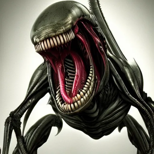 Image similar to xenomorph smiling, facing the camera in a dark hallway, CGSociety, photorealistic, highly detailed, sharp, not blurry, ultra-photorealistic, postprocessing