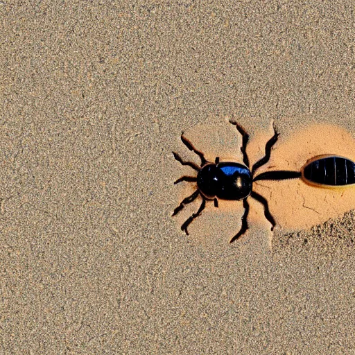 Prompt: a beetle drawn into the sand of a beach, top down view