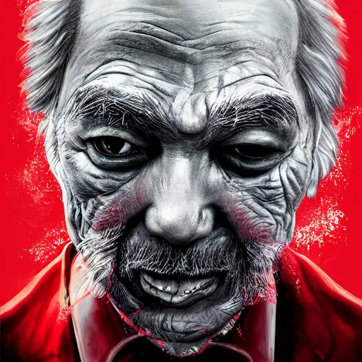 Image similar to old man cover with bloods, art by joongwon charles jeong, tjalf sparnaay, gottfried helnwein, roberto bernardi, emanuele dascanio, robin eley, eloy morales