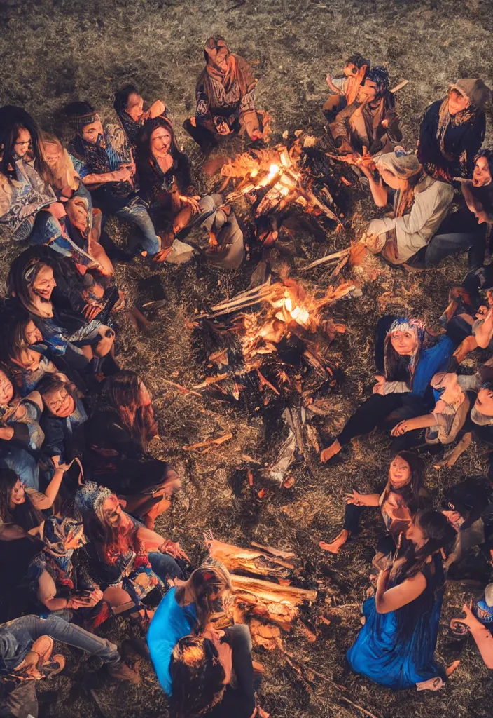 Image similar to realistic tribe gather around a bonfire with a pregnant woman as her leader, intense blue eyes, sharp, photography, antartic night, aerial race