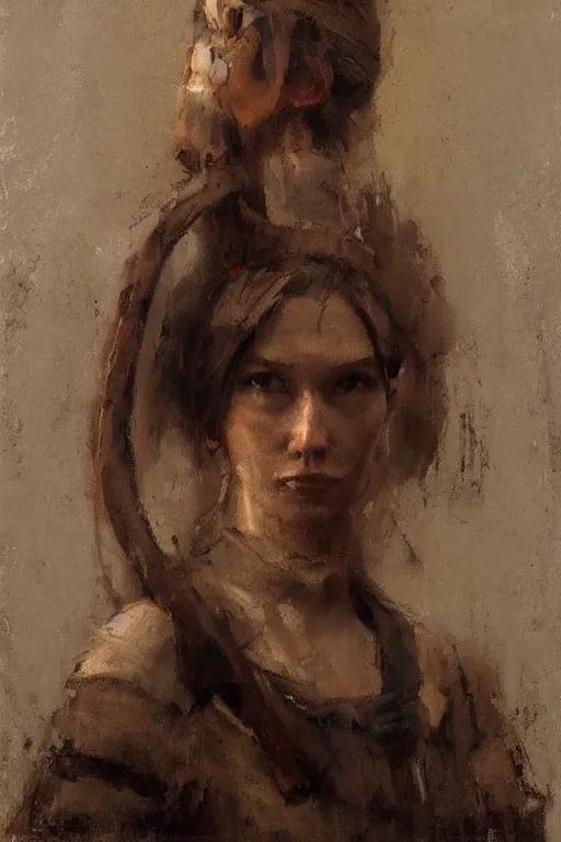 Image similar to Richard Schmid and Jeremy Lipking and Antonio Rotta full length portrait painting of a young beautiful traditonal viking woman