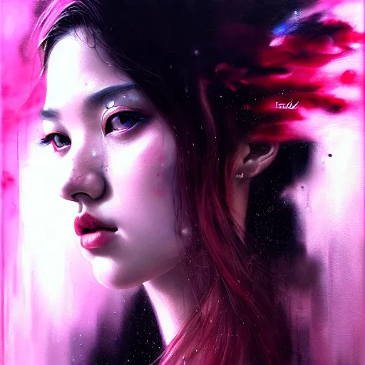 Image similar to rose of blackpink, hyperrealistic portrait, bladerunner street, by karol bak and agnes cecile, fantasy art, photo realistic, dynamic lighting, artstation, poster, volumetric lighting, very detailed face, intricate complexity, rule of thirds, 8 k, award winning