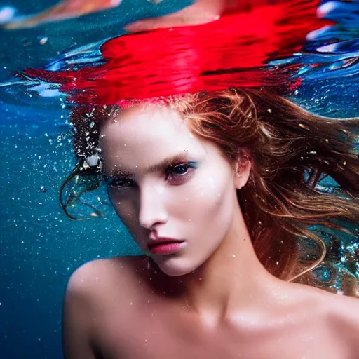 Image similar to beautiful portrait of fashion model in red silk underwater