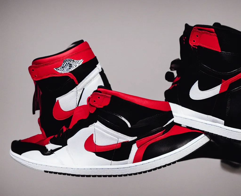 Prompt: a proffesional press photograph of nike jordan 1 black red and white