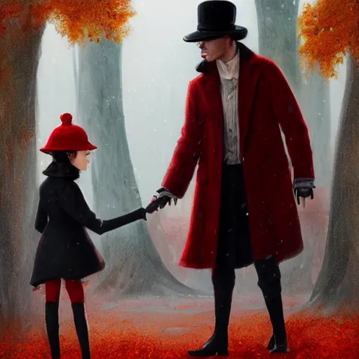 Image similar to a highly detailed epic cinematic concept art, a thin man in a black coat and bowler hat talks with small young girl who is dressed in a red coat and a red hat, park, autumn, high detail, in style of Greg Rutkowski, width 768