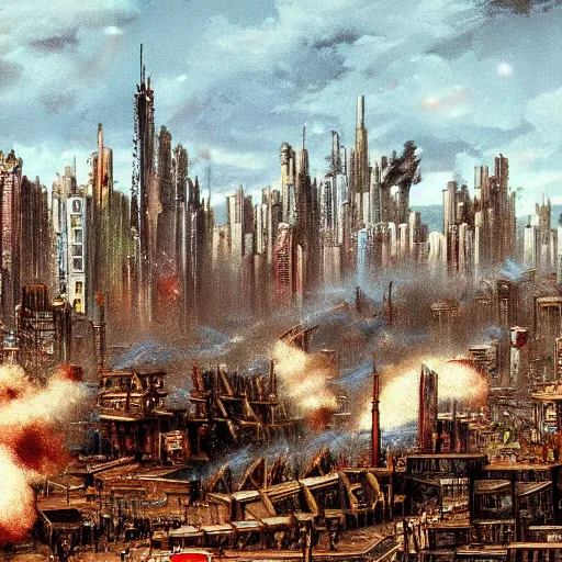 Prompt: cyberpunk city being bombarded by napoleonic cannons.