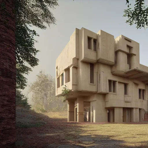 Image similar to modernist beige house inspired by tibetan palace, built like a stadium with atrium in the middle, on a hill surrounded by big trees, dramatic lighting, artstation, realistic rendering, unreal engine, octane render, raphael lacoste, simon stalenhag, frank lloyd wright, helicopter view