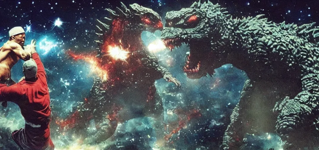 Image similar to 2pac fighting godzilla in space