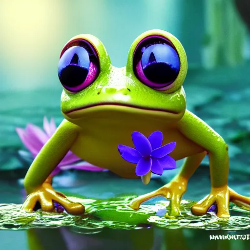 Image similar to frog cute character in water with water lily fireflies around, cute big eyes with details in body, poster, bioluminescence, vegetation, water bubbles, flying shot, portrait, full shot, rim light, pixar, octane render,