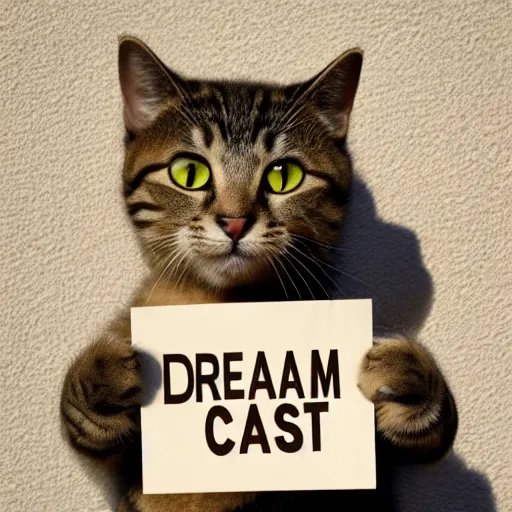 Prompt: realistic high quality photo of a cute cat holding a sign with text that reads : dream cast, cast