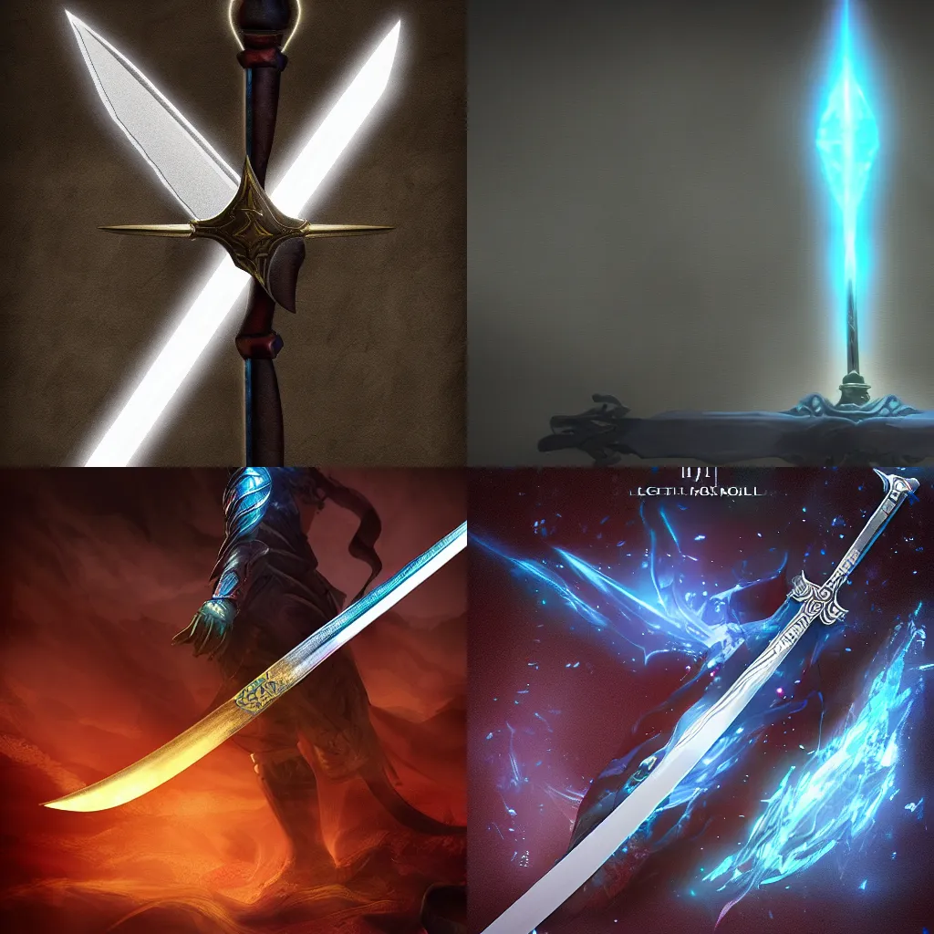 Prompt: the legendary mythril sword, cinematic lighting, dramatic digital art