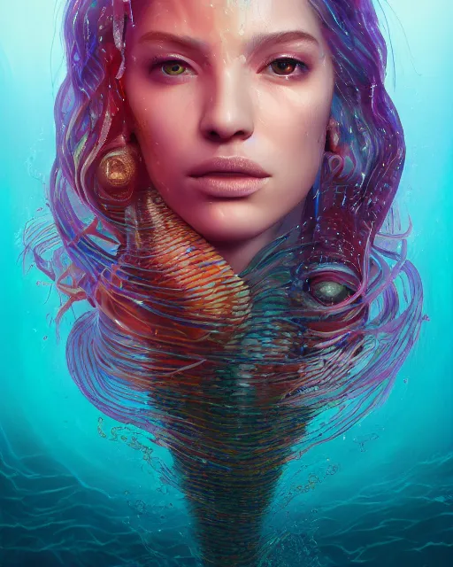 Image similar to portrait of Karol G as a mermaid. intricate abstract. intricate artwork. by Tooth Wu, wlop, beeple, dan mumford. mulholland drive by david lynch, dune by david lynch, octane render, trending on artstation, greg rutkowski very coherent symmetrical artwork. cinematic, hyper realism, high detail, octane render, 8k, iridescent accents