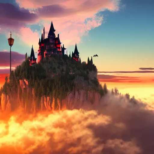 Image similar to a magical castle on the clouds, sunset, epic, trendy on artstation, 4 k