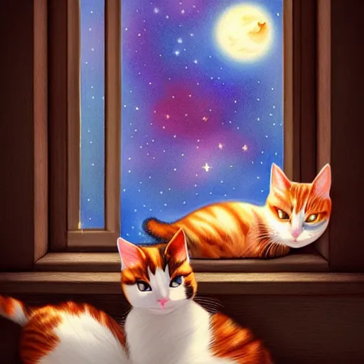 Prompt: two cute multi - colored calico cats with beautiful eyes sleeping inside a cozy home in the evening, stars shining in the night sky through the window,, artstation, cgsociety, storybook art