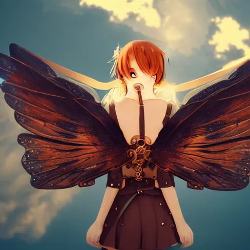 Image similar to anime girl with copper steampunk wings winking, extremely detailed, cinematic lighting, portrait, beautiful, sky,