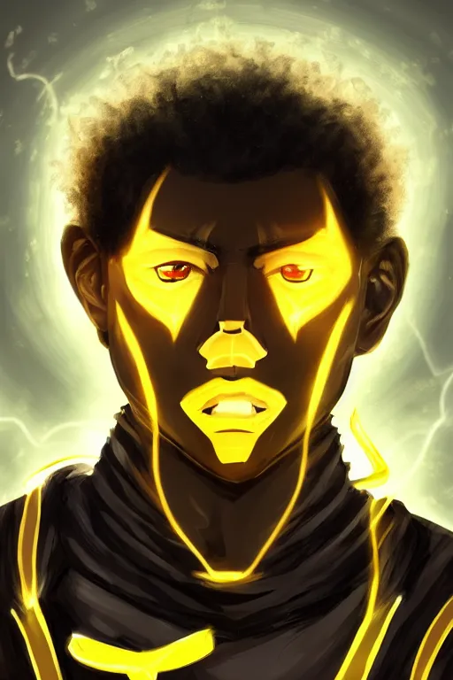 Image similar to glowing black male anime character, golden hair, yellow eyes, symmetrical, face picture, portrait, highly detailed, digital art, sharp focus, trending on art station, samurai, electricity superpowers, anime art style