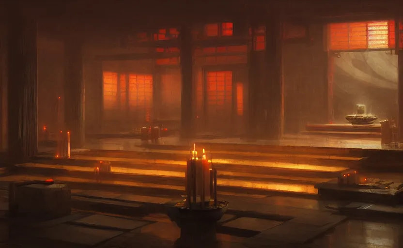 Prompt: painting of an interior Japanese temple with candles by Greg Rutkowski and Craig Mullins, Dark atmospheric sad and cinematic lighting, Trending on artstation