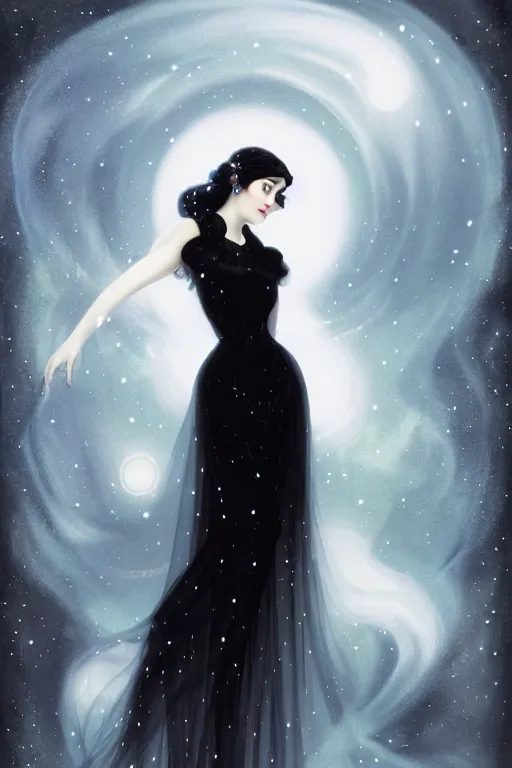 Image similar to Nocturne, glowing, stars, a long-legged elegant sultry woman, long black hair, pearl choker, snow white, highly detailed, mysterious, ethereal, dressed in black velvet, haute couture, illustration, dramatic lighting, soft details, painting, by Edmund Blair Leighton, Brom, Charlie Bowater, trending on artstation, faces by otto schmidt