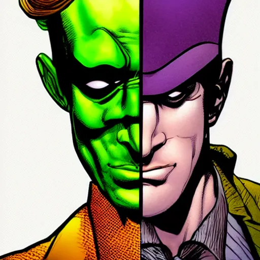 Prompt: the riddler, portrait, on the cover of a comic book