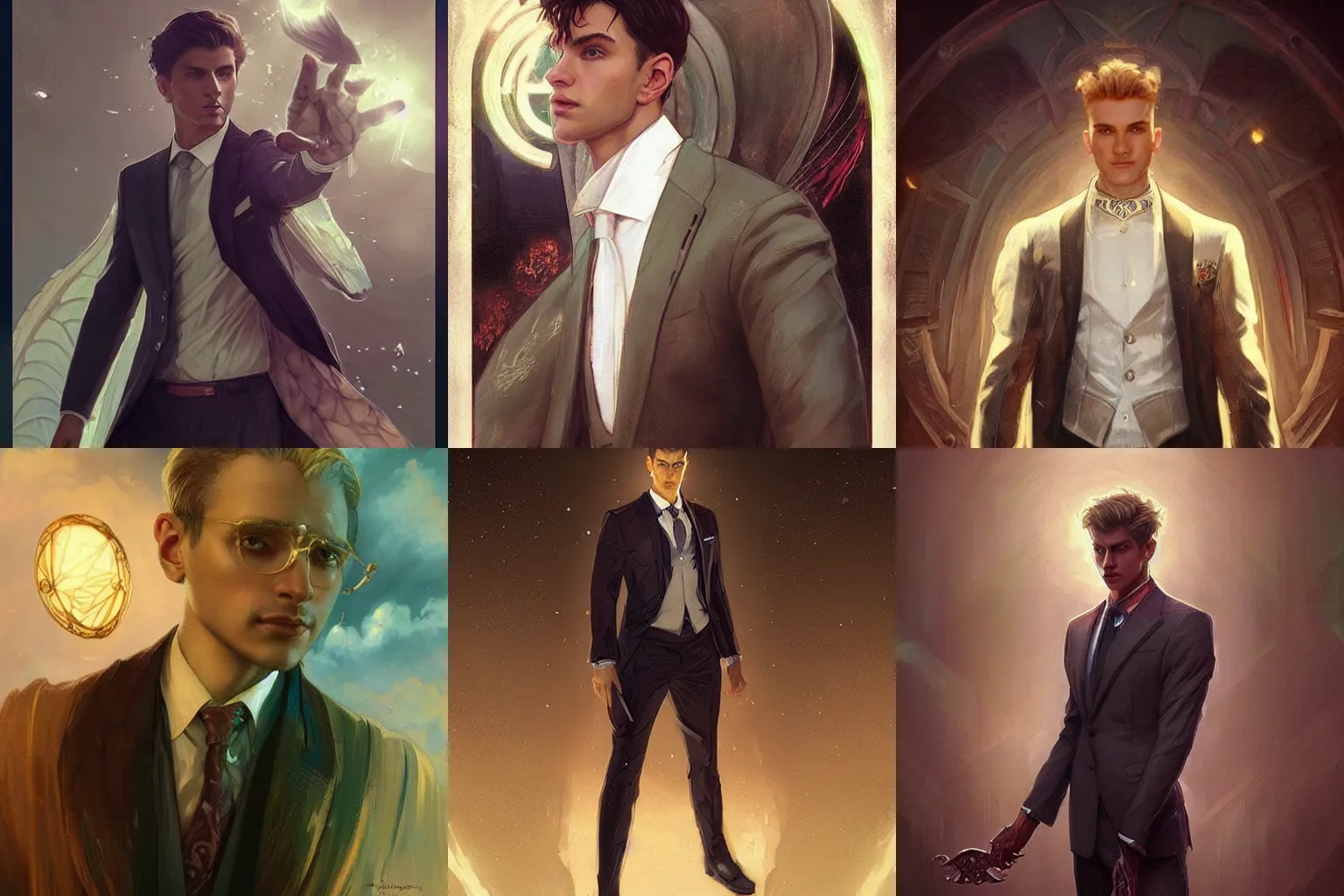 Prompt: “a humanoid aasimar pretty boy wearing a suit, D&D, fantasy, intricate, cinematic lighting, highly detailed, digital painting, artstation, concept art, smooth, sharp focus, illustration, art by Artgerm and Greg Rutkowski and Alphonse Mucha”