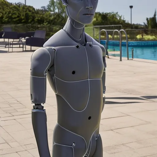 Image similar to a realistic detailed photo of a guy who is an attractive humanoid who is half robot and half humanoid, who is a male android, soccer player martin ødegaard, shiny skin, posing like a statue, blank stare, by the pool, on display, showing off his muscles, humanoid robot, transparent sculpture