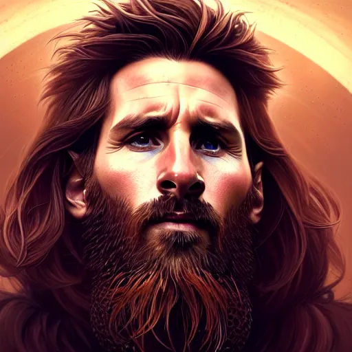 Image similar to Messi with a majestic beard, closeup, D&D, fantasy, intricate, elegant, highly detailed, digital painting, artstation, concept art, matte, sharp focus, illustration, art by Artgerm and Greg Rutkowski and Alphonse Mucha