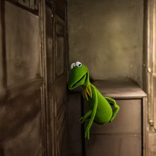 Image similar to kermit in the backrooms, dark and eerie