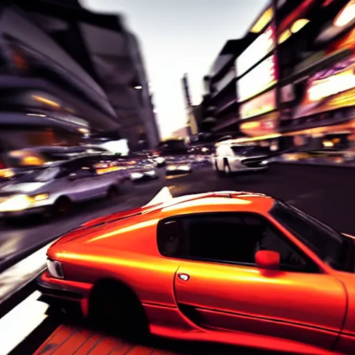 Image similar to still of a toyota supra mk4 on the road in Tokyo, action shot,sunset, CGSociety