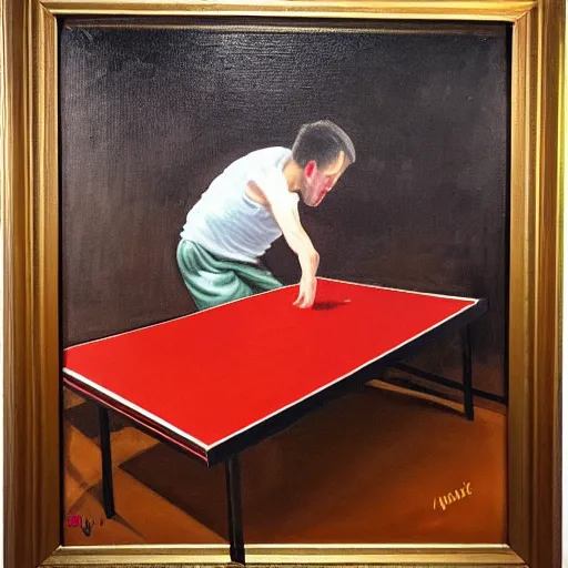 Image similar to Dy mace duke luajtur pingpong me sfondin e portokalltë, oil painting