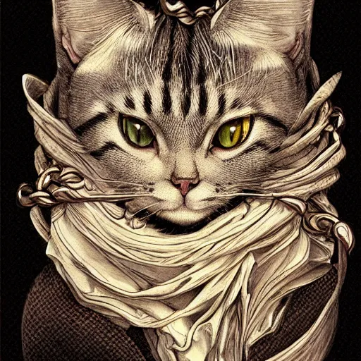 Prompt: portrait of a cat, baroque style, elegant, beautiful, mesmerizing, concept art, fancy clothing, highly detailed, artstation, behance, deviantart, inspired by innocent manga, inspired by castlevania concept art, trending, ayami kojima, shinichi sakamoto