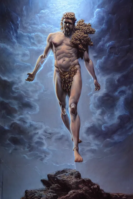 Image similar to hyperrealistic mixed media painting of zeus, full body, stunning 3 d render inspired art by p. craig russell and barry windsor - smith dim volumetric lighting, 8 k octane beautifully detailed render, post - processing, intricate, epic composition, grim yet sparkling atmosphere, cinematic lighting