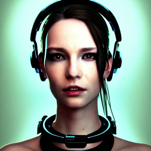Image similar to realistic female character cyberpunk wearing technological collar around neck, realistic, art, beautiful, 4K, collar, choker, collar around neck, punk, artstation, detailed, female, woman, choker, dark, collar, choker,