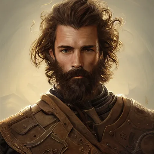 Image similar to portrait of a ruggedly handsome paladin, soft hair, muscular, half body, leather, hairy, d & d, fantasy, intricate, elegant, highly detailed, digital painting, artstation, concept art, smooth, sharp focus, illustration, art by artgerm and greg rutkowski and alphonse mucha