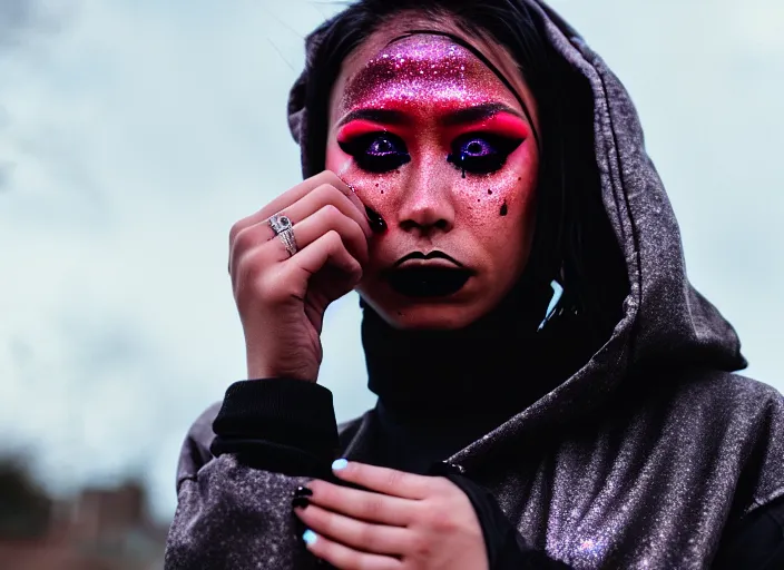 Image similar to Cinestill 50d photograph of a techwear mixed woman wearing thick mascara and dark glitter makeup crying outside of a city on fire, tattoos, tilted frame, 4k, 8k, hd, full color, bokeh