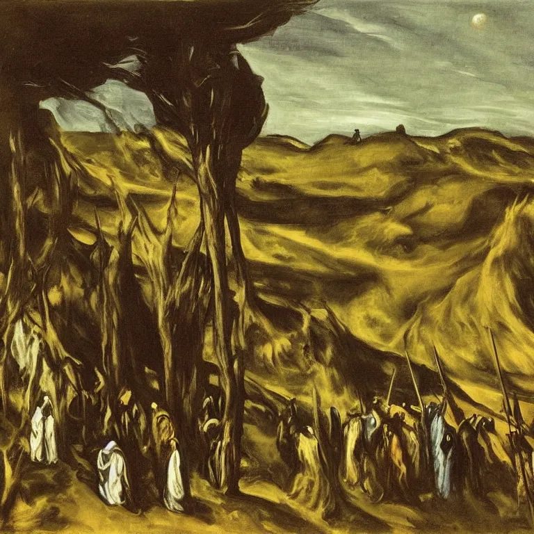Prompt: A colour painting of a Holy Week procession of grim reapers in a lush Spanish landscape at night. A hooded figure at the front holds a cross. El Greco, Carl Gustav Carus, Edward Hopper.