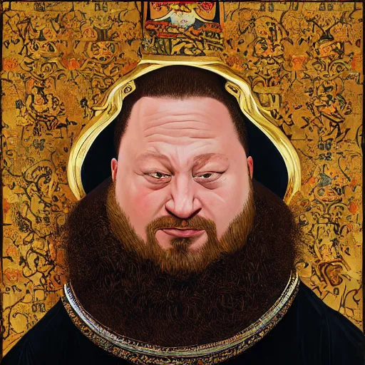 Prompt: portrait of Action Bronson as a medieval Albanian baron, by Kehinde Wiley, Gentile Bellini, and Annie Leibovitz. HD face portrait.