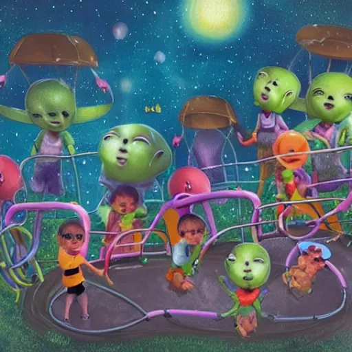 Image similar to a beautiful photo of baby aliens having fun at a playground, very detailed, masterpiece, photorealistic