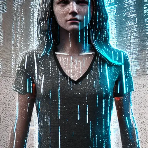 Image similar to a human made out of rain, neon, rendered in octane, unreal engine, highly detailed, realistic, beautiful, emotional