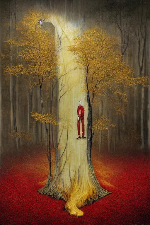Image similar to immaculate painting of A Beautiful fine detailed gold and red and black Forest Illusion by erik johansson micro detailing