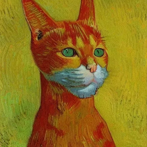 Image similar to a portrait of a ginger orange cat with it's whole head visible, wearing a light blue suit, by Vincent Van Gogh