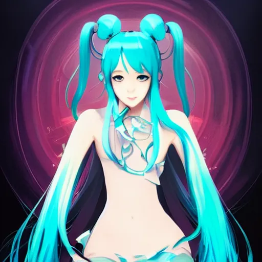 Image similar to hatsune miku using computer, illustration, art by artgerm and greg rutkowski and alphonse mucha