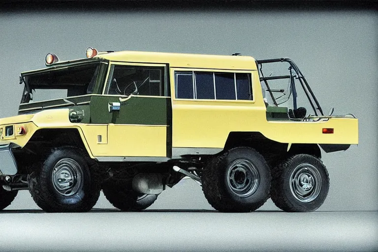 Image similar to designed by Giorgetto Giugiaro stylized poser of a single, 1973 HUMVEE, thick neon lights, ektachrome photograph, volumetric lighting, f8 aperture, cinematic Eastman 5384 film