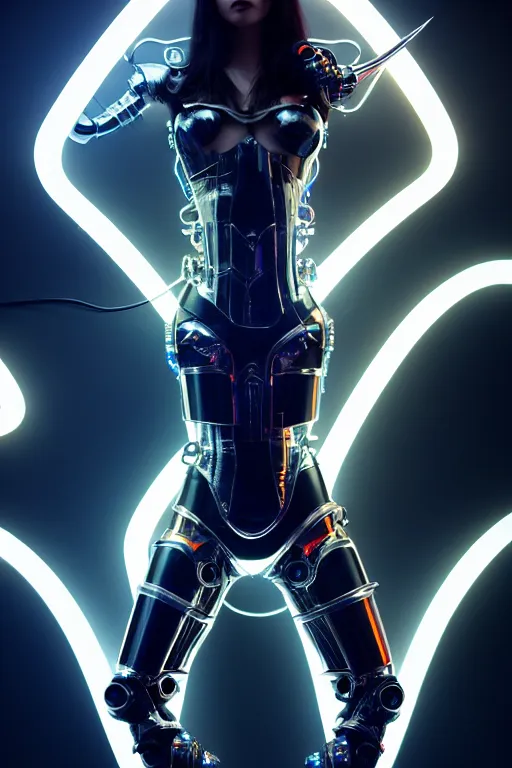 Prompt: beautiful powerful female glossy futuristic cyborg with curved metal Loki horns and chrome motorcycle parts, full body, dark fantasy, neon bar lights, 3d render, octane, 8k, volumetric lighting, hyper-realistic,, diffuse lighting, intricate, highly detailed, life like, photorealistic, digital painting, trending on artstation, smooth, sharp focus