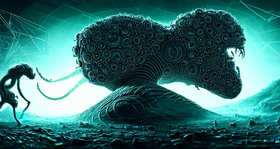 Image similar to hive mind creature made of dust battling a hacker, technology and magic, intricate, highly detailed, digital painting, lightbright, sharp focus,