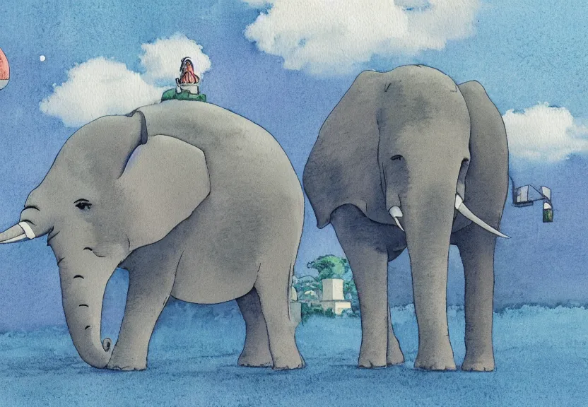 Image similar to a hyperrealist watercolor concept art from a studio ghibli film showing a giant grey blimp in the shape of an elephant. a hindu temple is under construction in the background in india on a misty and starry night. by studio ghibli. very dull muted colors