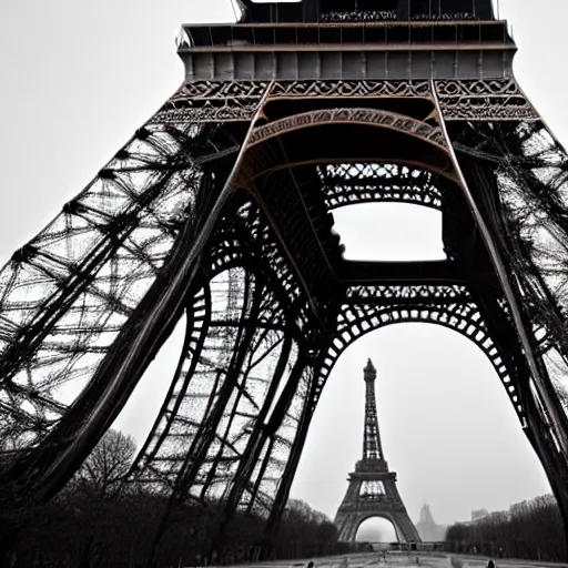 Image similar to a huge figure dehind the Eiffel tower, taken fron the ground, foggy weather, scary, dark, High resolution, creepy