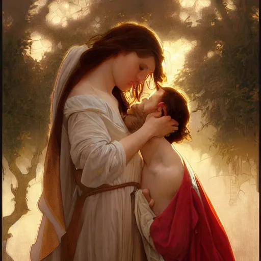 Image similar to jesus kissing a maria maddalena, elegant, highly detailed, digital painting, artstation, concept art, matte, sharp focus, illustration, art by artgerm and greg rutkowski and alphonse mucha, large shot