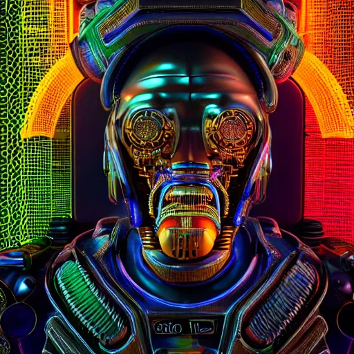 Image similar to portrait of a glossy claymodel of a steampunk aztec futuristic robot head, top of the head is covered with wires and multicolored glowing tubes, 8 k, front shot, symetrical, flourescent colors, halluzinogenic, multicolored, insanely detailed, 3 d render, octane